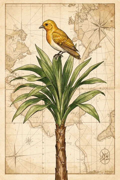 Tropical Map Bird. A golden songbird perches on a broad-leaved plant over a vintage map in warm parchment tones.
