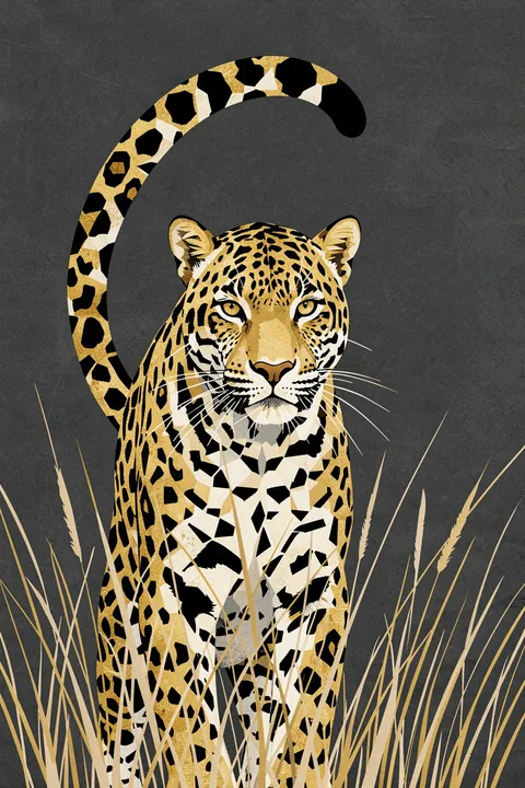 Metallic Jungle Jaguar. A front-facing golden jaguar with black markings emerges among tall grasses against a charcoal background.