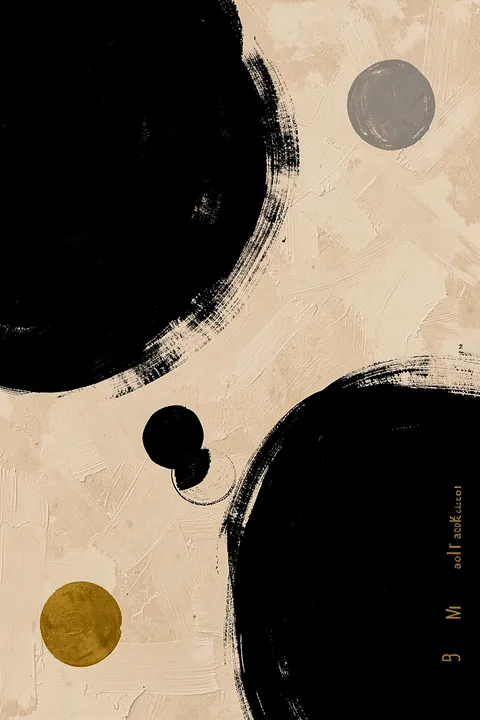 Shapes in Harmony. Large black curved brush forms and small grey and ochre circles balance across a textured beige composition.