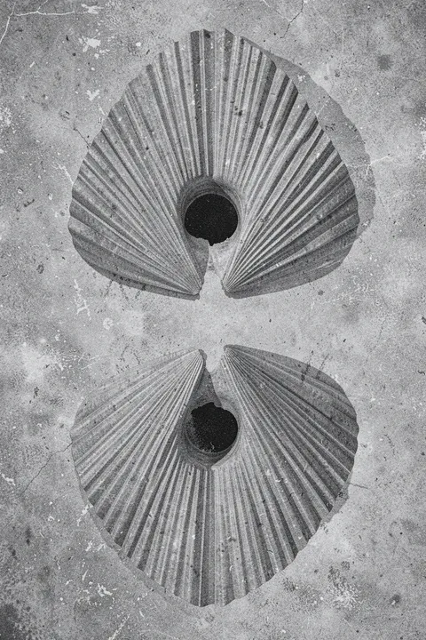 Mirrored Organic Grey. Two mirrored fan-like forms with radiating ridges and dark centres sit vertically on a distressed monochrome grey ground.