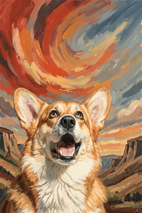 Scared Corgi Scream. A close-up corgi looks upward with its mouth open beneath sweeping orange, rust and slate-blue brushstrokes.