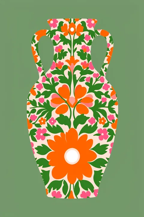 Modern Floral Vase. A large two-handled vase covered in bold orange, pink and green floral motifs stands against a sage-green background.