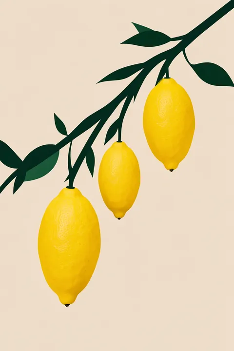 Fresh Lemon Branches. Three bright lemons hang from a dark leafy branch that sweeps across a warm ivory background.