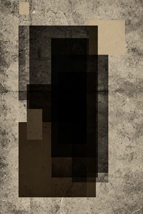 Umbral Echoes. Overlapping dark rectangular shapes form a tall abstract composition on a mottled beige and charcoal ground.