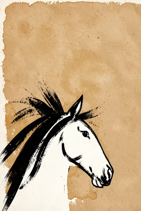 Expressive Horse Head. A bold black-and-white horse portrait is brushed across a warm ochre, paper-textured background.