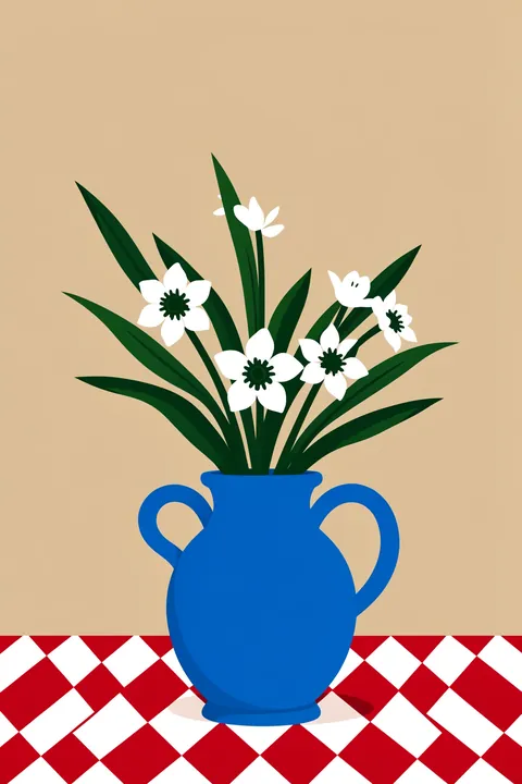 Modern Floral Blue Vase. White flowers with dark centres and long green leaves rise from a vivid blue handled vase above a red-and-white checked table.
