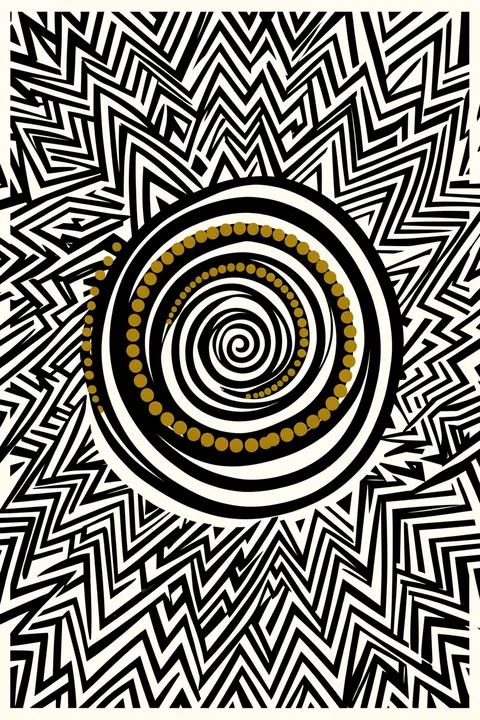 Bohemian Sunburst Mandala. Concentric black-and-ivory rings with gold dots sit at the centre of a dense, radiating zigzag pattern.