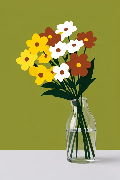 Modern Flower Bouquet. Yellow, white and rust-coloured flowers gather in a clear glass vase against an olive-green wall.