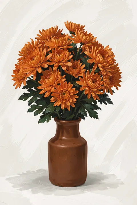Autumn Orange Blooms. A full bouquet of burnt-orange flowers fills a brown vase against a softly brushed ivory background.