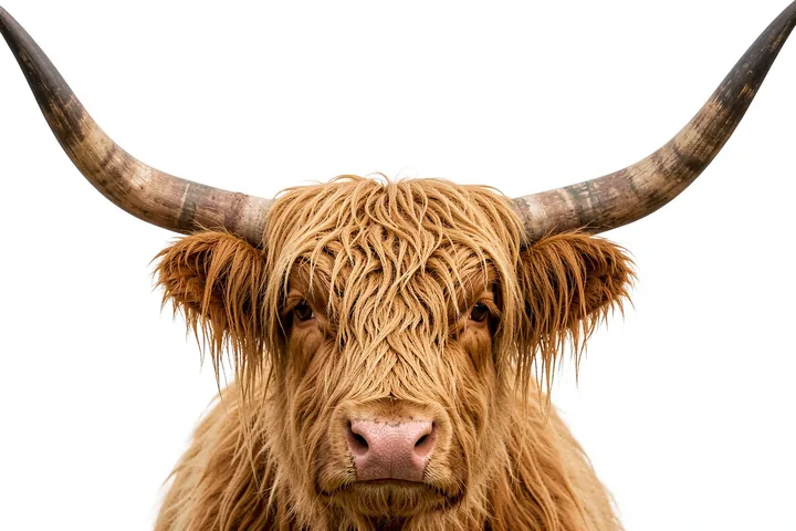 Peeking Cow. A shaggy Highland cow with long horns looks straight ahead against a clean white background.