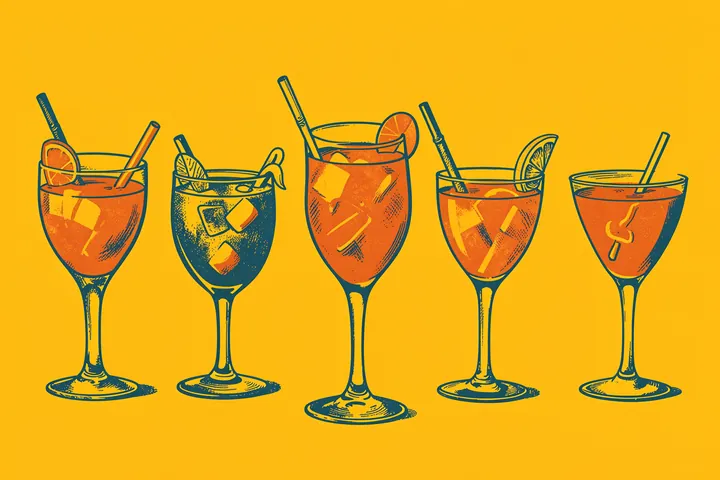 Happy Hour Cocktails. Five outlined cocktail glasses with citrus garnishes and straws form a row in deep blue on a vivid yellow ground.