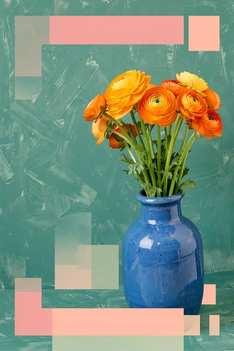 Vibrant Ranunculus Painting. A bouquet of orange and golden ranunculus sits in a glossy blue vase against a textured teal wall with pastel geometric accents.