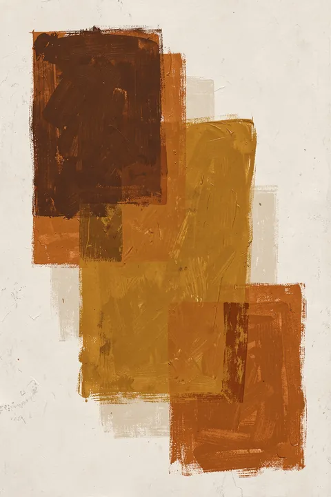 Earthy Layers. Overlapping textured rectangles in rust, ochre and deep brown form an earthy abstract arrangement on cream.