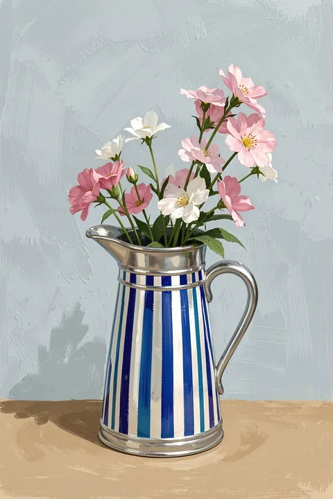 Flowers In Striped Pitcher. Pink and white blossoms rise from a blue-striped handled pitcher against a softly textured pale blue background.