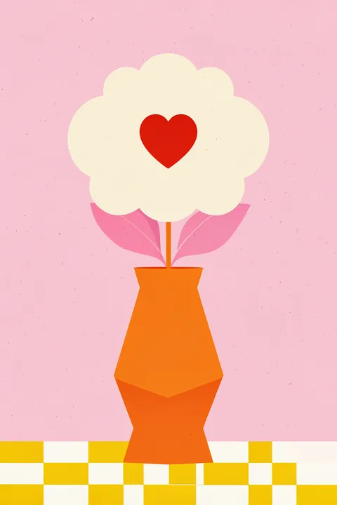 Spring Flower #05. A stylized white flower with a red heart-shaped centre rises from an orange vase above a yellow-and-cream checkerboard.