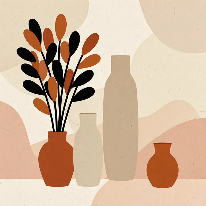Uclu Vazo. Four simple vases in terracotta and cream stand among abstract peach and beige shapes, with stems and leaves in the tallest vase.