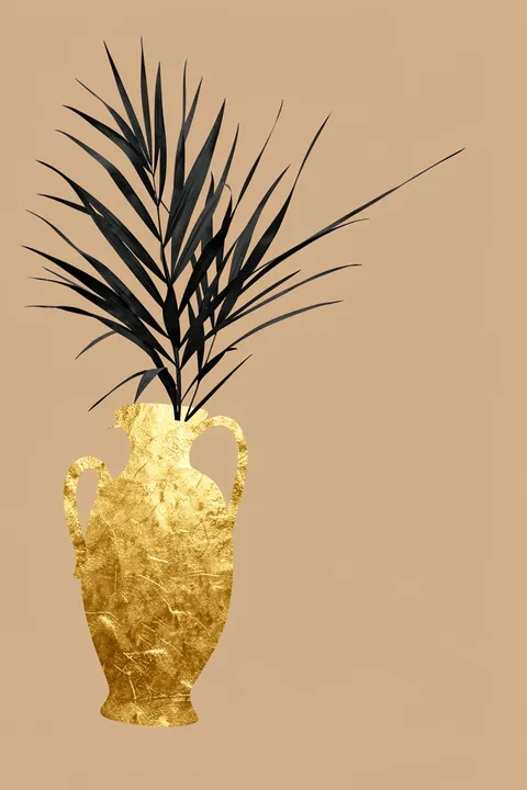 Elegant Gold Vase Foliage. Dark spiky leaves rise from a textured gold handled vase against a warm beige background.