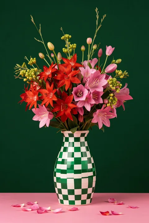 Petals in Patterned Vase. Red and pink flowers fill a green-and-cream checker-patterned vase against a deep green background and pink surface.