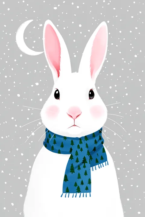 Winter Bunny Bliss. A white rabbit in a blue scarf patterned with evergreen trees stands beneath a crescent moon amid falling snow.