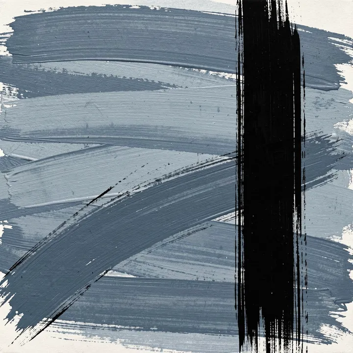Stormy Passage. Broad slate-grey brushstrokes sweep across an ivory field beside a tall, rough-edged black mark.