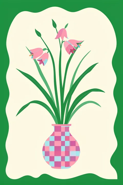 Chic Floral Arrangement. Pink bell-shaped flowers rise from a checker-patterned vase inside a wavy cream panel framed by green.