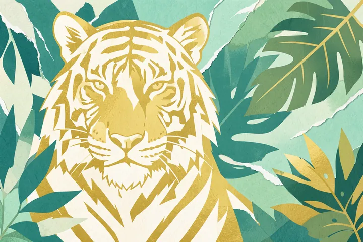 Tiger grunge tropical palm wall mural. A large cream-and-gold tiger portrait is layered with tropical teal and green leaves and torn-paper textures.