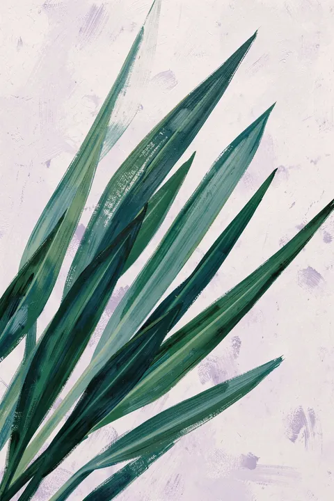Flowing Green Leaves. Long deep-green leaves sweep diagonally across a pale, lightly textured background.