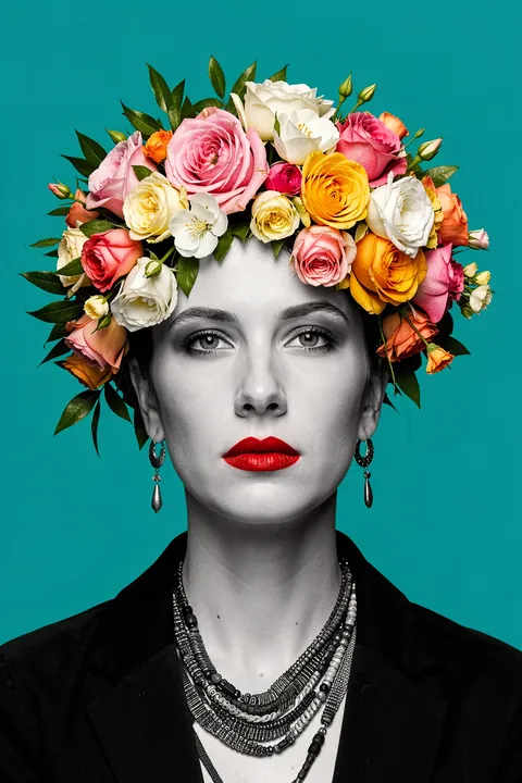 Vibrant Floral Portrait. A monochrome portrait of a woman with a crown of colourful roses and leaves is set against vivid turquoise.