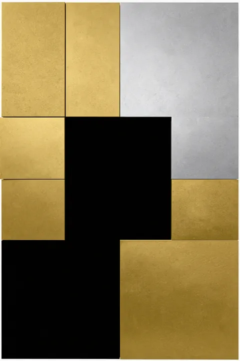 Geometric Metal Textures. Textured gold, silver and black rectangles form a tightly fitted geometric grid.