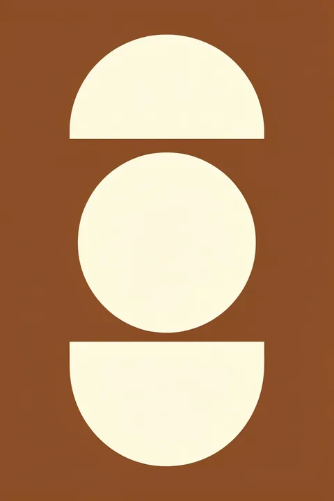 Terracotta Abstract Balance. Three ivory geometric shapes—a semicircle, circle and curved bowl-like form—are vertically arranged on terracotta.