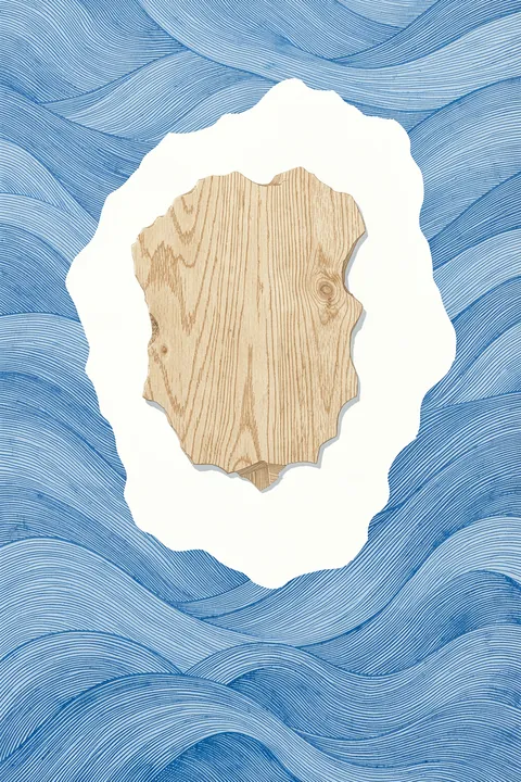 Hand Reaching Blue Ocean. An irregular wood-grain shape sits within a pale torn-paper opening, surrounded by fine blue wave lines.