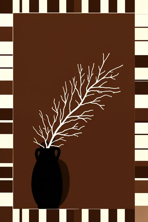 Minimalist Vase Plant. A fine white branch rises from a black vase on a dark brown panel framed by cream-and-brown stripes.