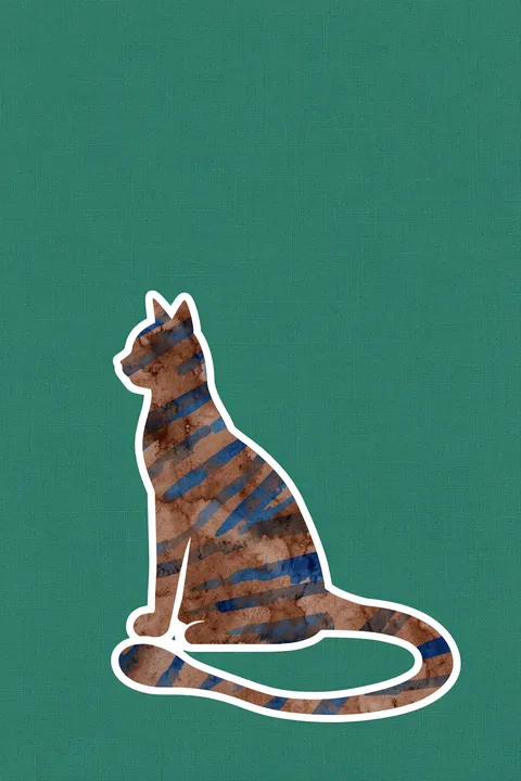 Tiger Blue. A seated cat silhouette filled with blue and brown stripes is outlined in white against textured teal.