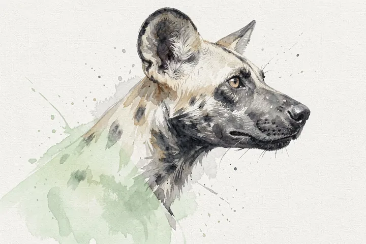 Serene Wild Dog Watercolor. A grey wild dog in side profile is rendered in loose watercolor on pale paper with soft green washes.