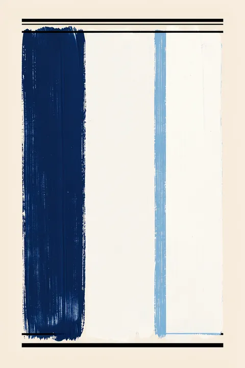 Calm Geometric Blues. Broad navy, white and pale-blue vertical fields are framed by thin black horizontal lines on cream.