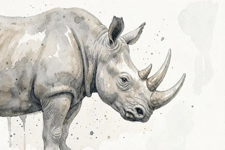 Graceful Watercolor Rhino. A softly painted grey rhinoceros leans its head forward against a pale watercolor background.
