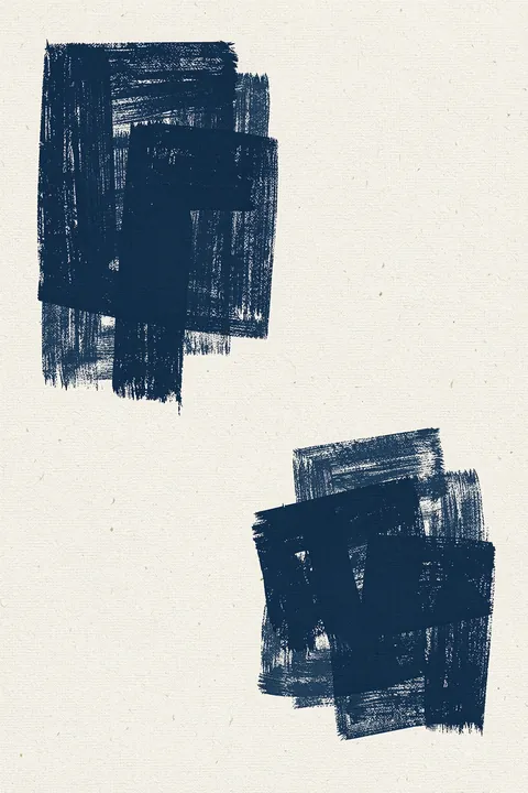 Modern Indigo Brushstrokes. Two compact arrangements of overlapping indigo brushstrokes are placed apart on lightly textured cream.
