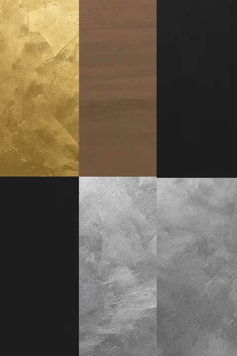 Abstract Metallic Blocks. Large textured rectangles in gold, bronze, silver and black form an abstract metallic block pattern.