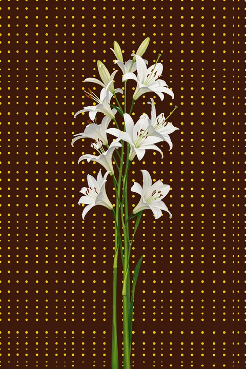 White Lilies Polka Dots. White lilies and green stems stand against a dark brown field patterned with bright yellow dots.