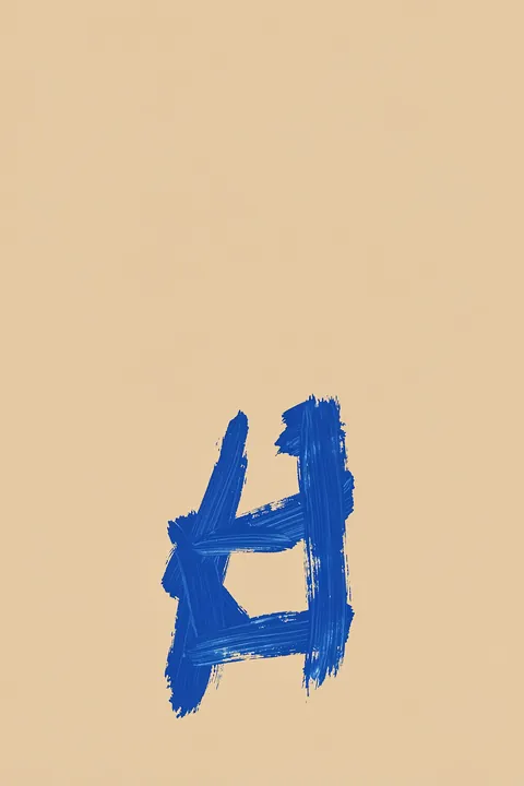 Modern Blue Forms. A compact angular form made from vivid blue brushstrokes is centred on a warm sand-coloured ground.