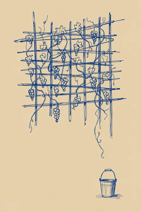 Summer Grape Harvest. Fine blue linework depicts grapevines climbing a trellis above a small harvest bucket on pale beige.