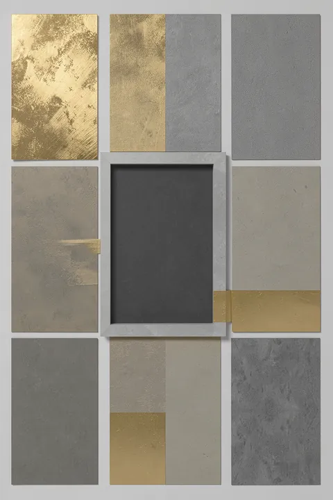 Abstract Gold Geometry. A dark recessed rectangle is surrounded by textured gold, silver and grey panels in a geometric composition.