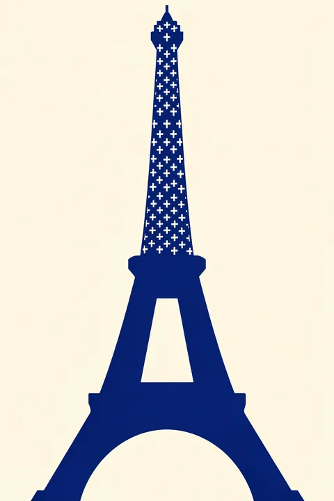 Blue Eiffel Tower. A deep blue Eiffel Tower silhouette patterned with small white crosses stands against warm ivory.