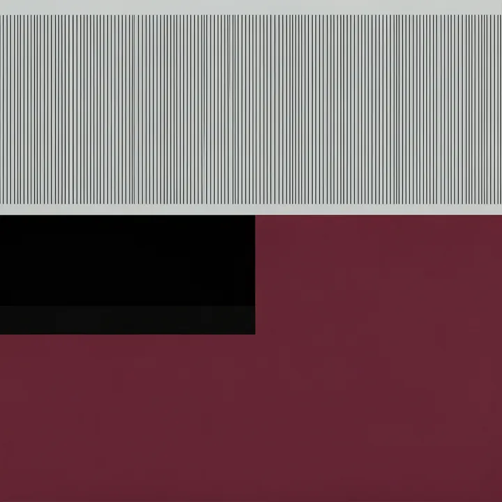 Geometric Color Blocks. Fine vertical stripes top a composition of black and burgundy colour blocks, divided by narrow grey bands.