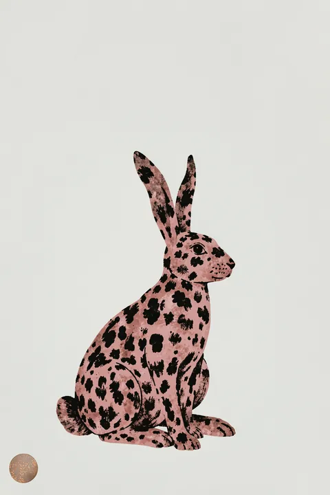 Rose Spotted Rabbit. A seated rabbit with rose-pink fur and dark spots appears on white beside a small gold circle.