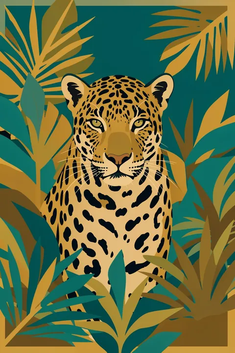 Stalking Jungle Jaguar. A front-facing spotted jaguar peers through oversized ochre and teal tropical leaves.