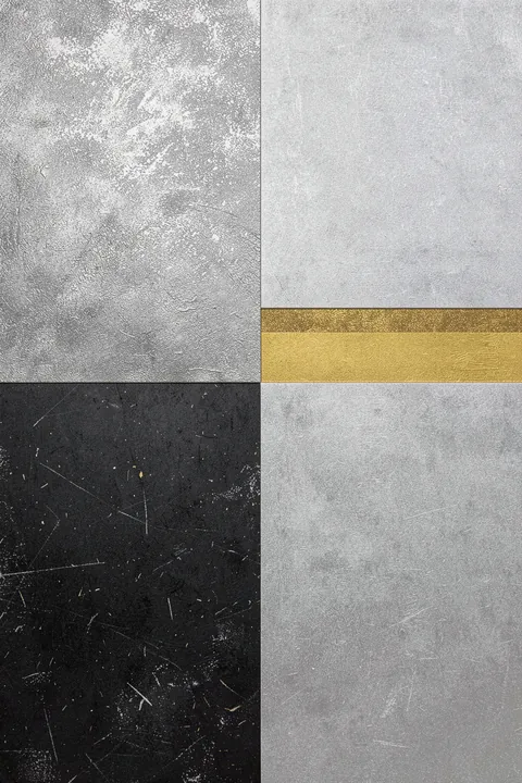 Modern Gold Gray Abstract. Textured grey, black and gold rectangular panels form a balanced abstract grid.