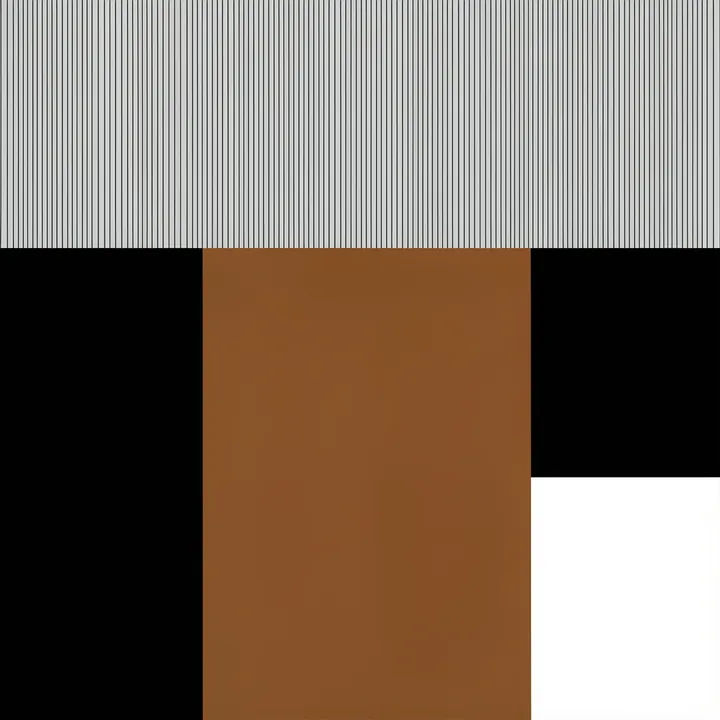 Geometric Stripe Blocks. Fine dark vertical stripes fill the upper half above broad black and deep teal rectangular blocks.