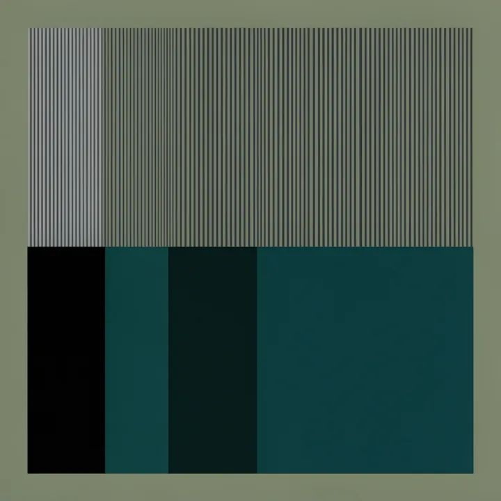 Geometric Color Block. Fine dark vertical stripes sit above a row of black and deep teal color blocks on a muted sage ground.