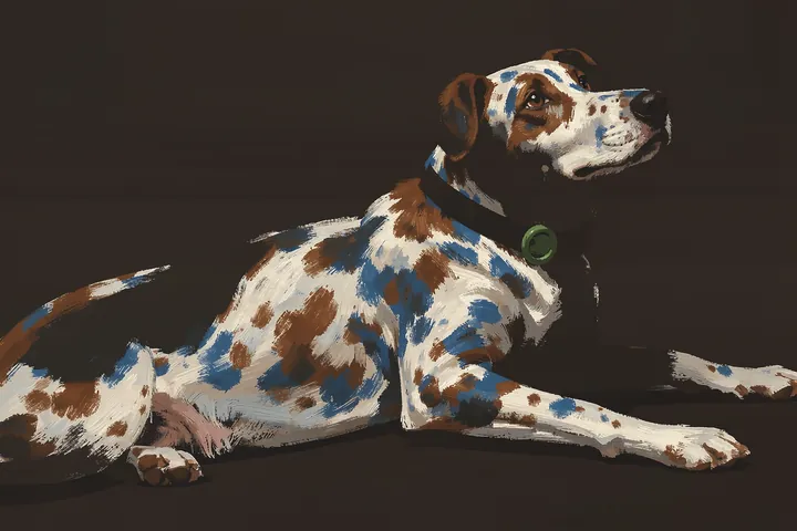 Running Blue Dog. A painterly white, brown and blue dog reclines against a deep brown background, looking upward.